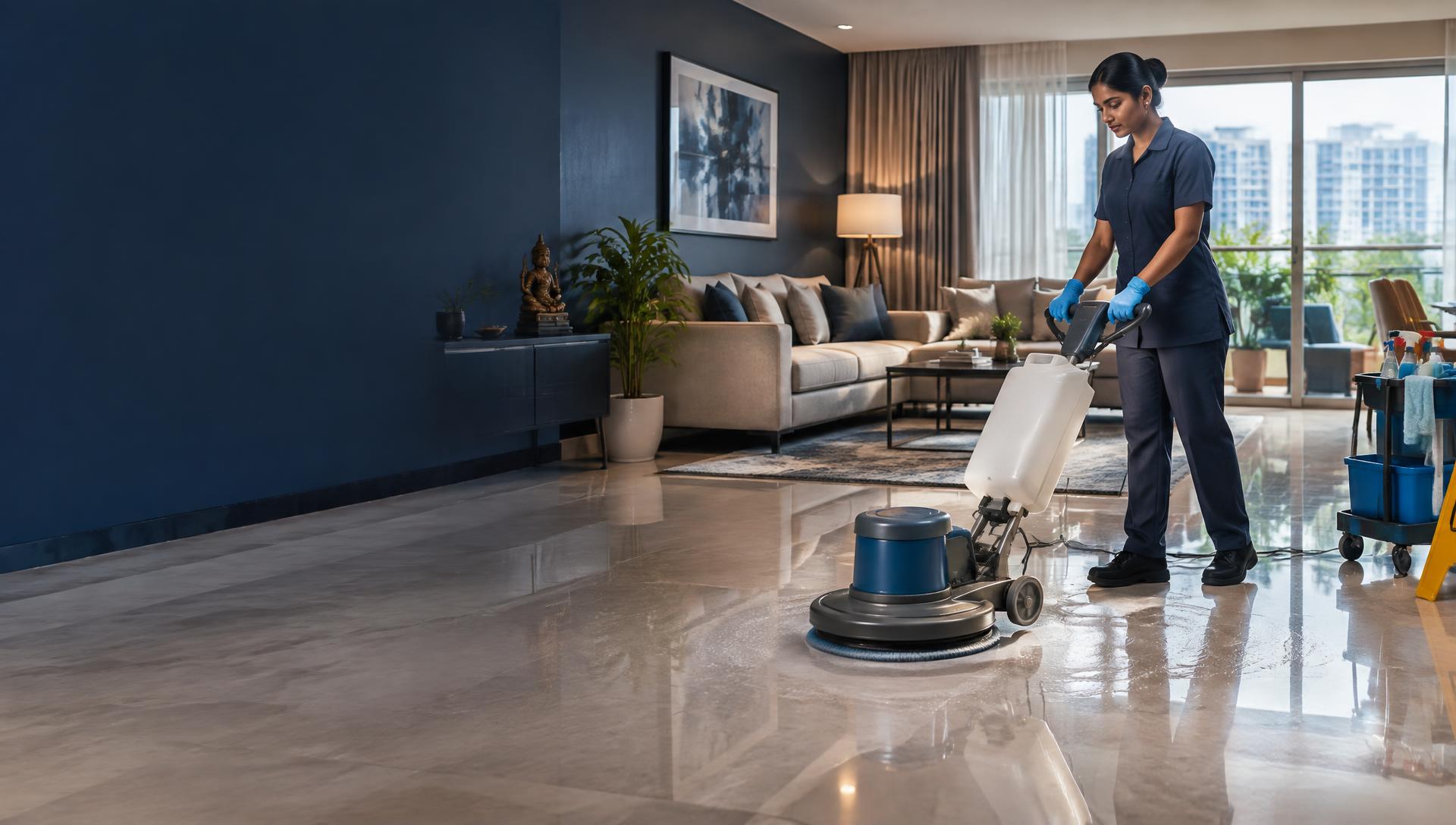 Professional cleaner deep-cleaning a modern Chennai apartment